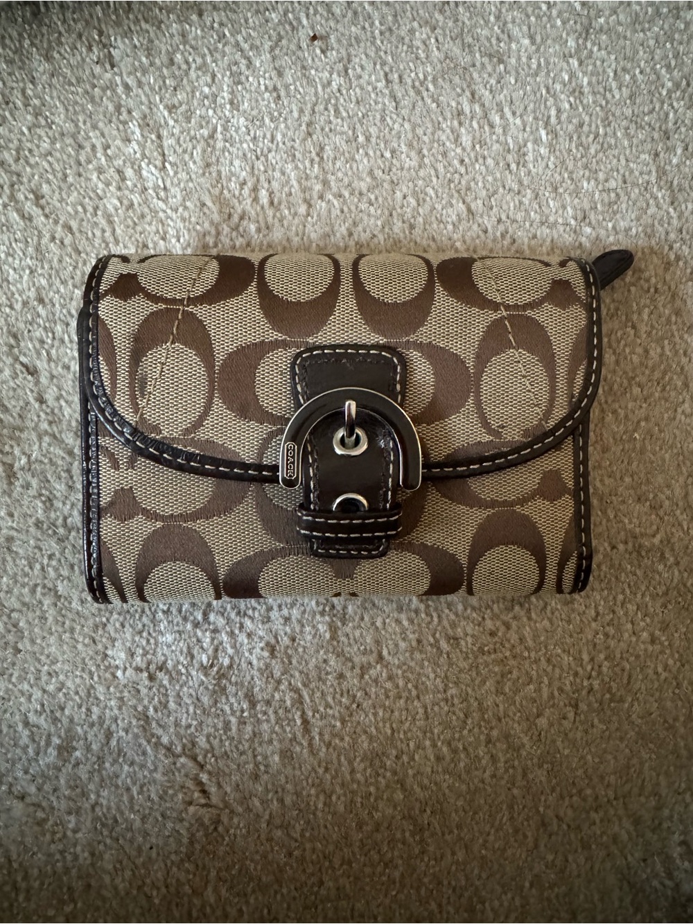 Coach Signature Jacquard Wallet in Tan and Brown with Buckle Accent